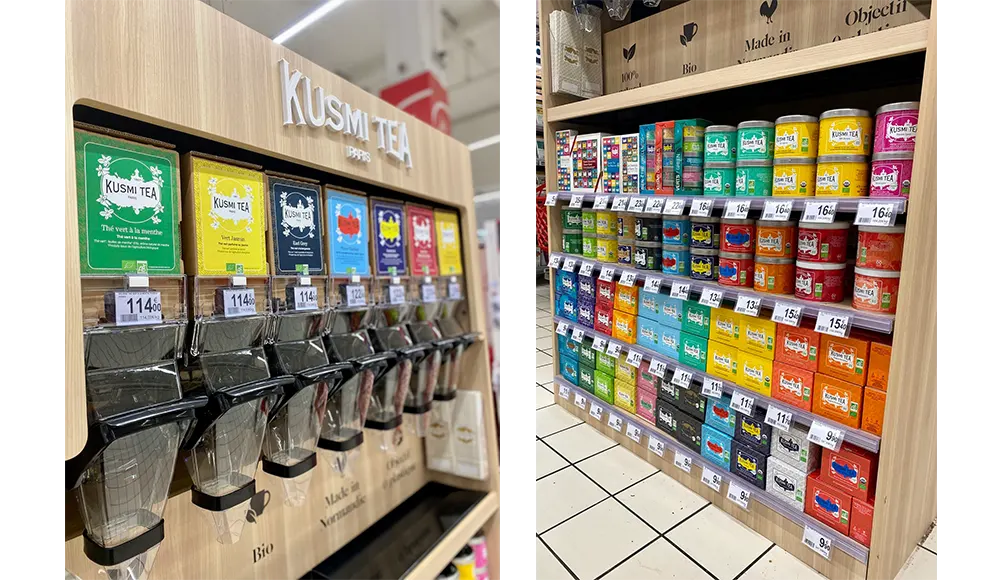 Gondelhoofd Kusmi Tea — 100% thee, 100% zero waste bij supermarkten E.Leclerc